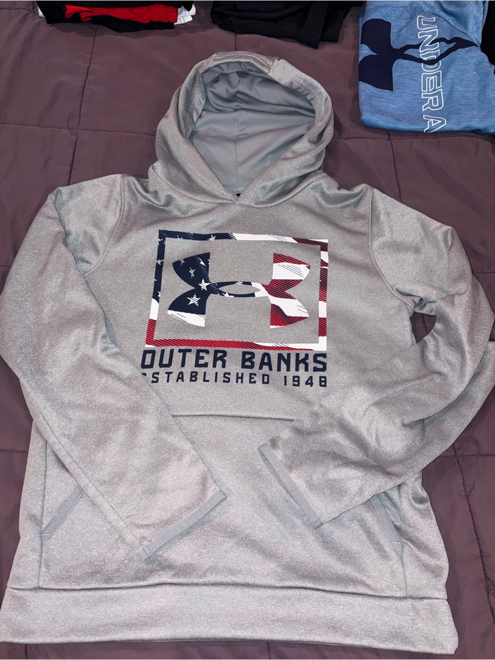 Under Armour Gray Outer Banks Hoodie with American Flag Logo Boys XL